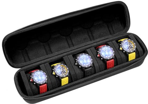 Juntan 5 Slots Uhrenbox Hard Watch Reiseetui, Tragbarer Nylon Reißverschluss Aufbewahrungsorganizer für Damen und Herre mit weichem komprimierbarem Schaumstoffkissen Schwarz