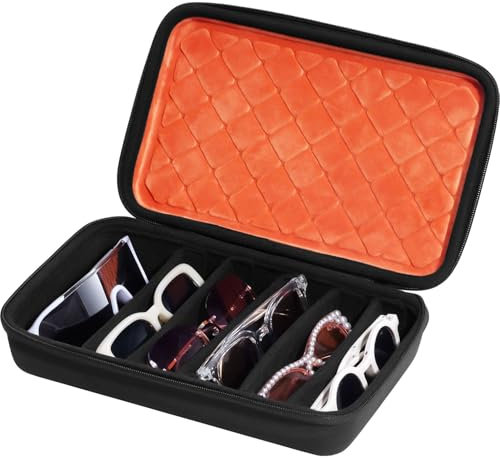ProCase Estuche Rígido para Gafas de Sol, Organizador Portátil con 4 Compartimentos y 3 Divisores Ajustables, Caja de Almacenamiento para Múltiples Gafas, Ideal para Viajes - Naranja/Negro