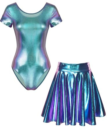 RUNQHUI Gymnastikdräkt för kvinnor, metallisk, glänsande kjol, för dräkt, jazzdans, modern, klubb, gymnastik, bodysuit, Blå, XL