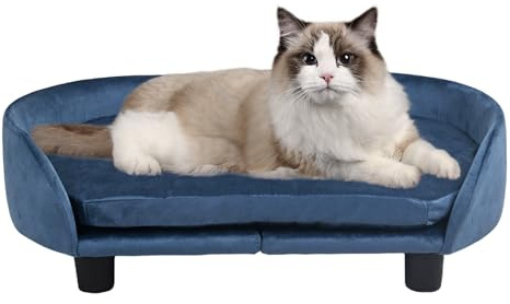 Pet Sofa for Dogs & Cats - Soft Velvet Fabric, Easy Assembly, Lightweight & Portable, Includes Washable Cushion & Durable Black Plastic Feet, for Small/Medium Pets (Blue)