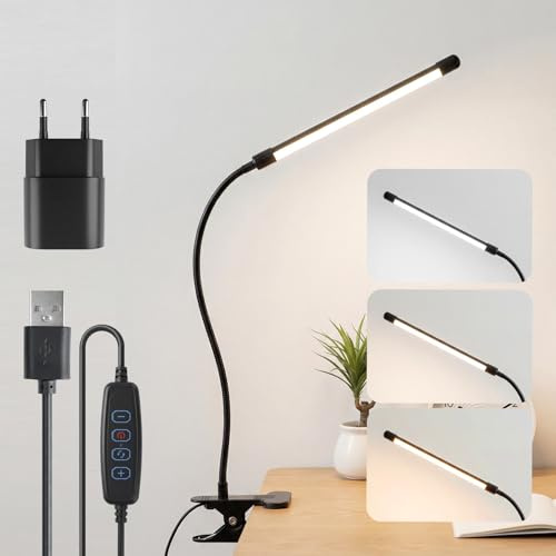 LQWELL Klämlampa för skrivbord, läslampa för sängkanten, svanhals med 3 färgväxlingar och 10 ljusstyrkenivåer, ultrafin rörformad klämlampa, svart med USB-strömkabel, 1 kontakt