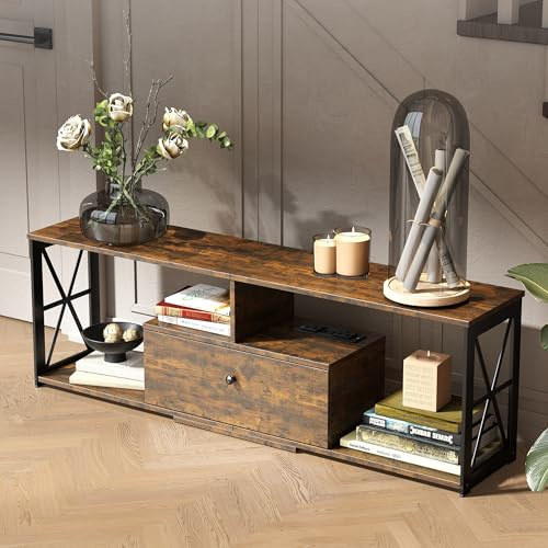 Rustic TV Unit,Industrial TV Stand Cabinet with Storage for 55 Inch TV, Wooden Media Console Entertainment Center for Living Room or Bedroom, Modern TV Unit with Open Shelves, Brown