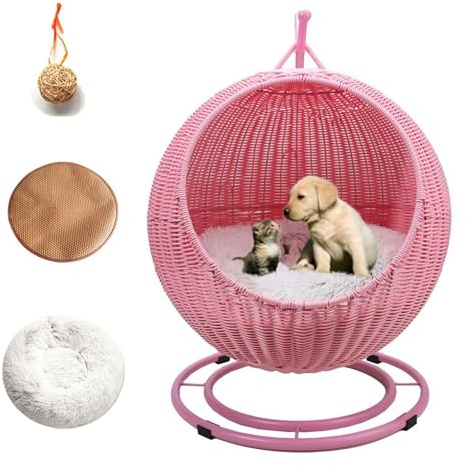Lit balançoire pour animal de compagnie avec support et coussin – Chaise œuf d'intérieur et d'extérieur pour chats, chiens et petits animaux – Hamac suspendu en rotin pour chambre et porche
