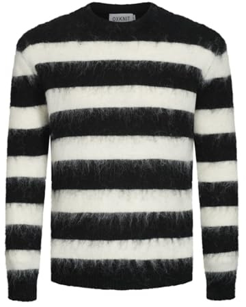 OXKNIT Sudadera de felpa para hombre, con rayas blancas y negras, vintage, manga larga, cuello redondo, jersey de punto para otoño e invierno cálido, Negro , L