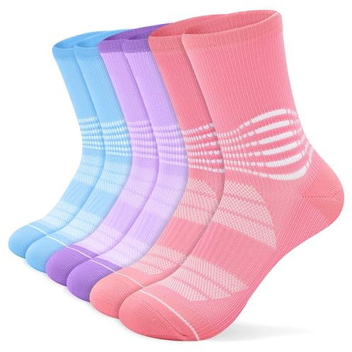 IRAMY Kompressionsstrümpfe Damen Herren Knöchelstütze Laufsocken Kompressionssocken Crew Wandersocken Sportsocken Plantar Fasciitis Socken 3 Paar（Rosa + Lila + Blau M）