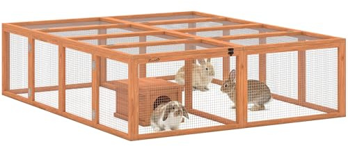 PawHut Freilaufgehege Kaninchenstall aus Holz mit 2 Türen 180,4 x 150 x 48 cm Hasenstall mit Unterschlupfhaus Freigehege für 2-4 Zwergkaninchen Zwergmeerschweinchen Enten Orange