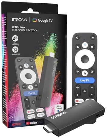 STRONG Leap-UNA+ FHD TV Stick con Android 14, 1GB RAM + 8GB Almacenamiento, Bluetooth 5, HDR10+, HLG, Google Assistant, Dispositivo de Streaming para actualización de Smart TV