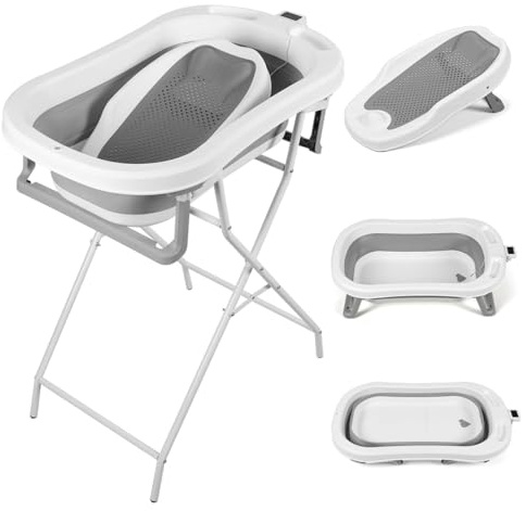 Jaxguom Faltbare Babybadewanne mit Gestell & Thermo – Graue Babywanne mit Badesitz & abnehmbarem Thermometer – Platzsparend, klappbar für Neugeborene bis 3 Jahre
