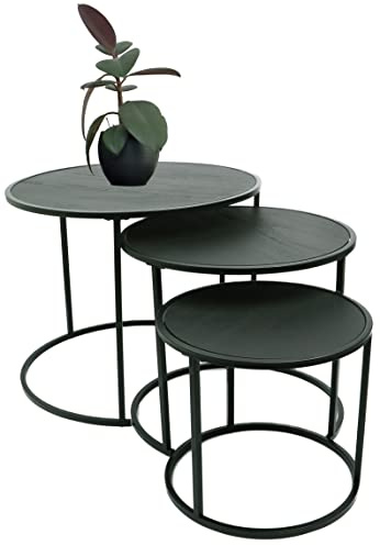 DIVCHI Nest of Tables Set of 3 Round – Modern Nesting Coffee Tables with Wood Look Top & Black Metal Base, Space Saving Side Tables for Living Room, Bedroom & Balcony (Black)