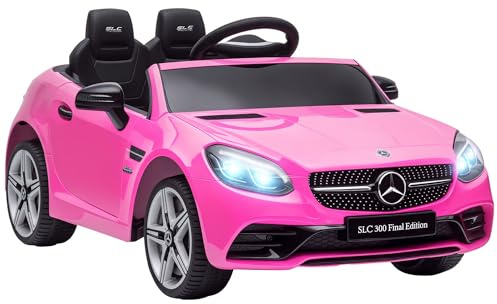 AIYAPLAY Coche Eléctrico para Niños de +3 Años, Mercedes SLC 300, Coche Eléctrico 12V, con Mando a Distancia 2,4 G, Ruedas Traseras con Suspensión, Faros LED, Música, USB, Motor Doble, Rosa