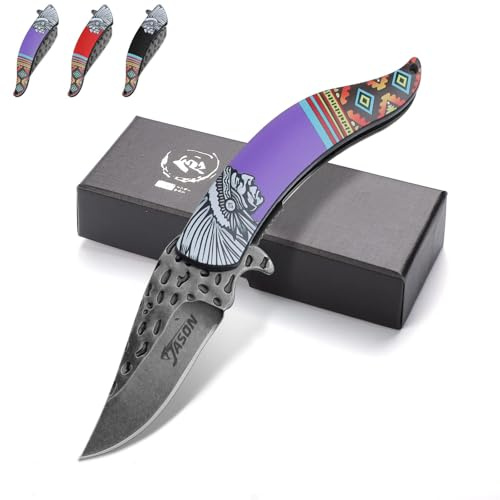 JASON Lila Klappmesser Einhandmesser Taschenmesser mit geschmiedeter Klinge Scharfes Jagdmesser im Indianerstil für Camping Abenteuer Jagd mit Geschenkbox