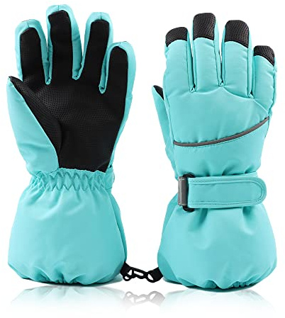 JANGANNSA Waterproof Children Ski Gloves Breathable Winter Mitten for Boys Girls Thinsulate Lined Kids Snowboard Glove 4-14Y(Green,6-10 Years)