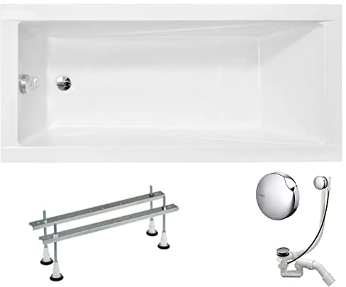 VBChome Acryl Badewanne 180x80 cm Weiß Rechteck Wanne Siphon Wannenfüße Design Modern Ablaufgarnitur in Chrom