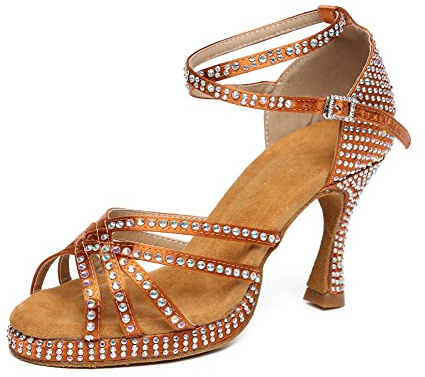 JUODVMP Scarpe da Ballo Latino Donna con Strass Marrone Scarpe da Ballo da Sala Salsa Bachata Tacco da 7.5cm,37.5EU