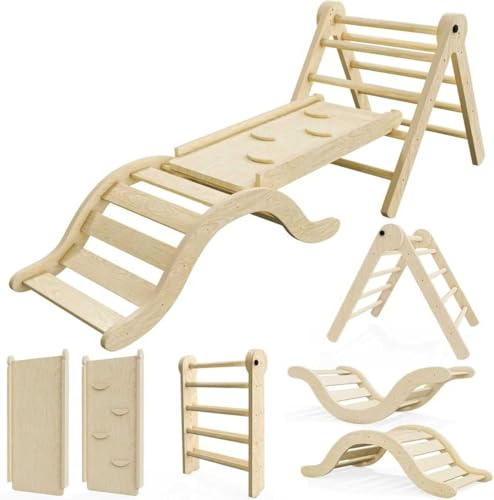 bbgroundgrm Pikler Triangle Set Climber 5 in 1, Toddler Climbing Toys Indoor Folding with Ramp & Arch for Montessori Play Gym for Toddlers and Kids (Natural)(99 Wx21 Dx23 H)