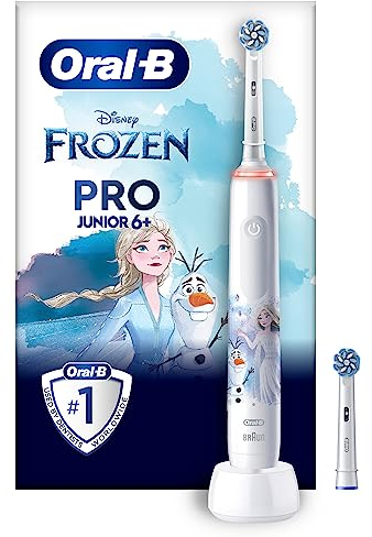 Oral-B Pro Junior Brosse à Dents Électrique Reine Des Neiges Disney Pour Enfants De 6 Ans Et Plus, Brossage Doux, 2 Brossettes De Recharge, 1 Manche Frozen, 1 Chargeur, Minuteur, Batterie Rechargeable