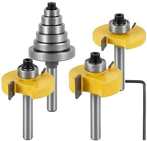 MENIBBLER Lot de 3 fraises à rainurer à queue de 6,35 mm en carbure de tungstène avec 6 roulements interchangeables, outil de fraisage professionnel pour bois, MDF, contreplaqué