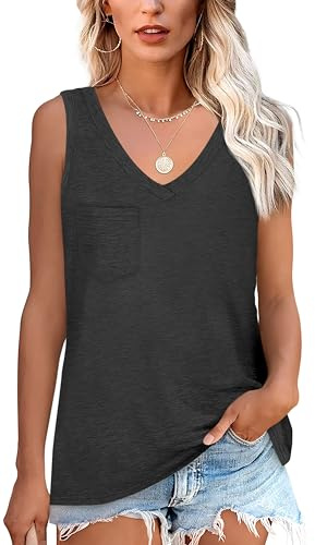 Nonsar Débardeur d'été basique sans manches pour femme, débardeur élastique avec col en V, débardeur décontracté avec poche, débardeur ample et confortable, Noir , XXL