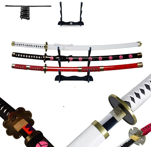 Hashiman Roronoa Zoro Shusui Wado Kitetsu Triple Katana One Piece - Tres réplicas de manga sable + soporte de espada de madera + triple cinturón