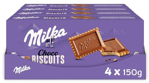 MILKA - Choco Biscuits - Lot de 4 Boîtes de Choco Biscuits - Biscuit Nappé de Chocolat au Lait Milka - Format Familial Pratique pour le Goûter - Lot de Biscuits - Lot de 4x150g