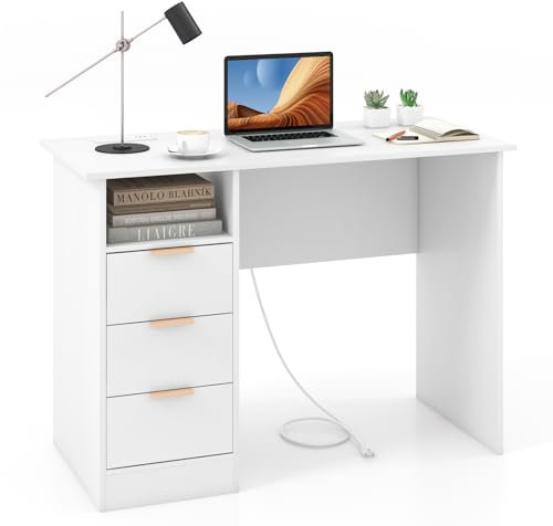 COSTWAY Schreibtisch mit 3 Schubladen und Ladestation, Kleiner Computertisch, Kinderschreibtisch, moderner Bürotisch, PC-Tisch für Schlafzimmer, Arbeitszimmer, Büro, weiß, 108 x 48 x 76 cm