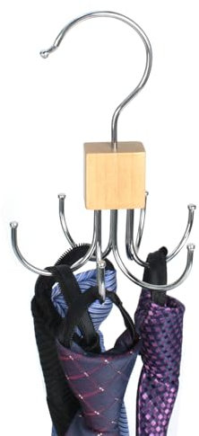 Belt Hanger, Wooden Belt Hanger for Wardrobe, Rotatable Belt Holder, Tie Hanger with 6 Metal Hooks for Belt, Tie, Scarf, Gloves