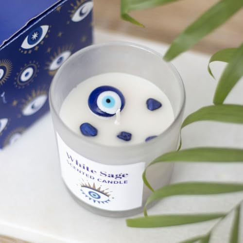 White Sage Scented Candle with Glass Protection Eye, Handmade Crystal Chips, Spiritual Protection