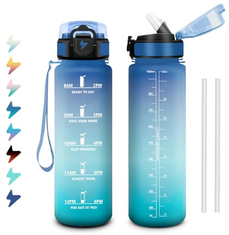 Borraccia Sportiva 1L, a Prova di Perdite, Facile da Aprire, Bottiglia Acqua Palestra con Indicatore del Tempo, Bottiglia con Cannuccia, Borraccia per Palestra, Corsa, Ufficio, Campeggio, Ciclismo