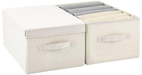 Pomodee Lot de 2 Grandes Boîtes de Rangement Pliables avec Couvercle et Poignées, Panier en Tissu Lavable – Organisateur pour Placards, Armoires, Tiroirs et Étagères (47 x 28 x 21 cm, Beige)