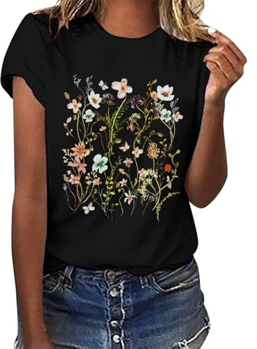 Lonya Women's T-Shirt Black Crew Neck Short Sleeve Tunic Tee Shirt Casual Cute Graphic Print Basic Fashion Tshirts Flowers,XXL