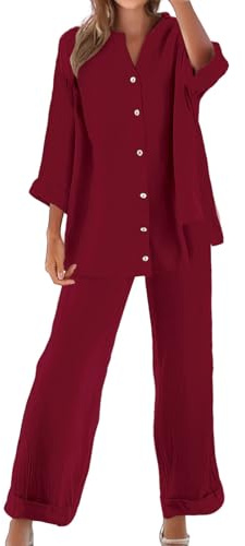 Completo Donna Elegante Casual Cotone E Lino Pantalone Lungo Estivo Tuta Elegante Tinta Unita Larghi Camicia + Pantaloni Palestra Curvy Set Due Pezzi Comodo Primavera Maniche 3/4 Set Spiaggia
