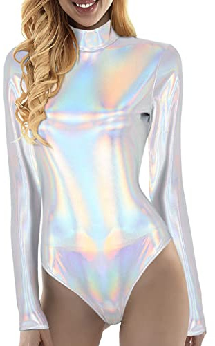 Generico Body da Danza Donna Tuta Sportiva Abito Bodysuit Metallico Leotard Balletto Canotta Top per Donna Body da Donne Metallizzato Lucido A Collo Alto per Costume Show (1-Silver, M)