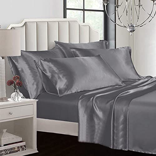 Todd Linens Mjukt, 6-delat påslakanset silkeslent polyester satin -100 GSM-tyg, andningsbart, coolt och fukttransporterande täckfodral (silver, super king)