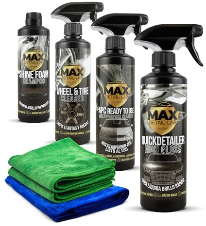 MAX DETAIL-LAB - Exterior Pack - Kit Limpieza Coche Exterior con Accesorios Microfibras, Limpia Llantas Iron Cleaner, Champú Espuma Activa, Quickdetailer, APC, Detailing Profesional Coche Moto