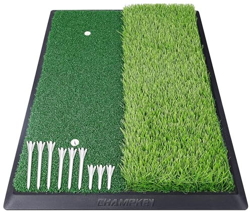 CHAMPKEY 17 x 24 High Performance Nylon Dual-Turf Golf Hitting Mat - Rubber Backing Golf Pracitce Mat - Come with 1 Rubber Tee Holder and 9 Plastic Golf Tees (17 x 24)