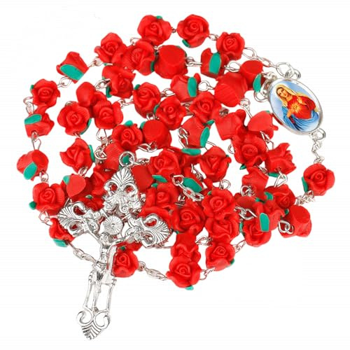 Kuesn Red Rosary Beads Catholic Necklace Holy Soil Medal and Catholic for Women Rosary Necklace with Crucifix Cross Pendant, Religious Prayer Beads for Women (Red)