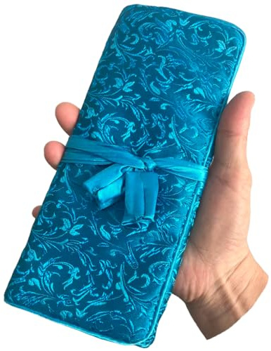 LOVNBHELP Embroidery Travel Jewelry Bag Roll Western Embroidered Flower Brocade Organizer with Tie Close Jewelry Roll for Women Girls (Blue)