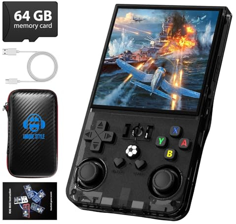 R36MAX - Consola de juegos de mano retro, pantalla IPS de 4.0 pulgadas, 720 x 720, más de 18.000 juegos clásicos integrados, sistema Linux portátil de código abierto, batería de 4000 mAh (negro 64 GB)