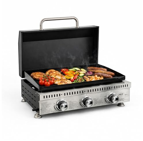 Barbecue Plancha a Gas Con Coperchio Portatile a 3 Bruciatori da 9 KW in Acciaio Inox, Griglia BBQ a Gas Propano da Tavolo con Vaschetta Raccogli Grasso, Regolatore, per Giardino Balcone Campeggio Pic