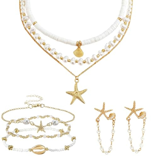 ZPSCXQ Beach Jewellery for Women, Boho Necklace Set, Seashell Necklaces and Shell Necklace for Women, Holiday Jewellery Set with Gold Soft Clay Necklace, White Gold Anklet and Gold Earrings