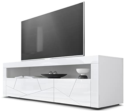 Vladon Mueble TV Valencia, Cómoda TV con 1 Compartimento Abierto y 2 Puertas abatibles, Blanco/Blanco de Alto Brillo Elemento Estructura 3D/Blanco de Alto Brillo (155 x 46 x 40 cm)