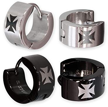 Fly Style Herren Ohrringe Klappcreolen - Eisernes Kreuz Edelstahl Creolen - Matt oder Poliert - Creolen Schwarz - Ohrringe für Herren Kreolen, Farbwahl:schwarz, Durchmesser:16 mm, Breite:5 mm