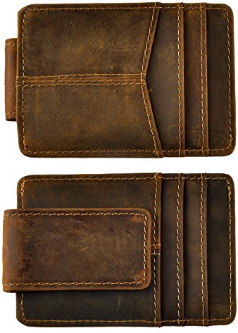 Le'aokuu Mens Rfid Money Clip Slim Wallet Genuine Leather Cowhide Credit Card Case Handy Magnet (A Dark Brown Rfid)
