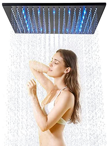 JunSheng Soffione Doccia a LED da 16 Pollici Soffione Doccia a Pioggia Quadrato Nero Opaco Ugelli in Silicone Facili da Pulire Rubinetto Fisso per Doccia