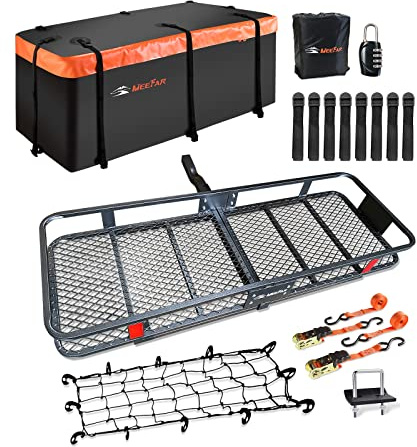 MeeFar Portaequipajes plegable de montaje en enganche de 60 x 20 x 6 pulgadas + bolsa de carga impermeable de 20 pies cúbicos (59 pulgadas, 24 pulgadas, 24 pulgadas), capacidad de peso de transporte