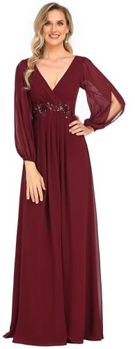 Ever-Pretty Vestido de Fiesta Largo para Mujer Alto Bajo Escote Redondo Manga Corta A-línea Gasa Burdeos 44