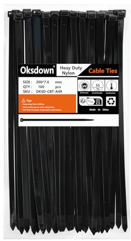 Oksdown 200mm × 7,6mm Breit 100 Stück Extra Stark Kabelbinder mit 50 kg Zugfestigkeit Schwarz UV-Beständig Groß Nylon Kunststoff Selbstsichernder Multifunktionaler Cable Zip Ties