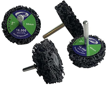 GOODWAY® Lot de 10 disques de nettoyage - Diamètre : 50 mm x 13 mm - Avec mandrin (tige de 6 mm de diamètre) - Traitement de surface et élimination de la peinture - Disques de polissage pour perceuses