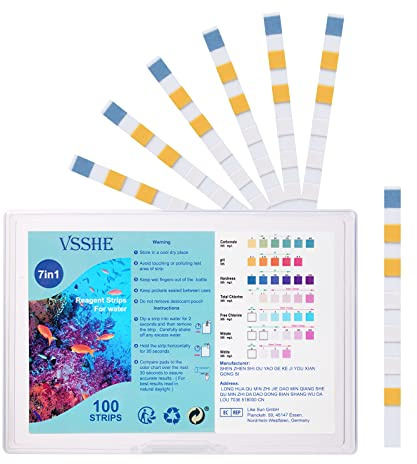 vsshe Test per Acqua Potabile, 7 in 1 Test Strisce Acqua, 100 Pezzi Strisce di Test per Acquario, Piscina, Acqua, Rilevare Il Valore del PH, Durezza, Cloro Libero, Nitrato, Fluoride, ECC (100PCS)