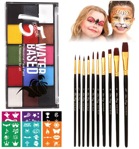 Face Painting Kit for Adults, Water Activated Body Face Paint, 15 Colors Water Based Facepaints Makeup Palette 12 Pcs Brushes, Stencils, Non Toxic for Halloween Party Birthday Cosplay